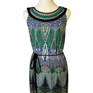 Blue/Green/Black Geometric Design Maxi Dress with Unique Mesh Neckline Size 10